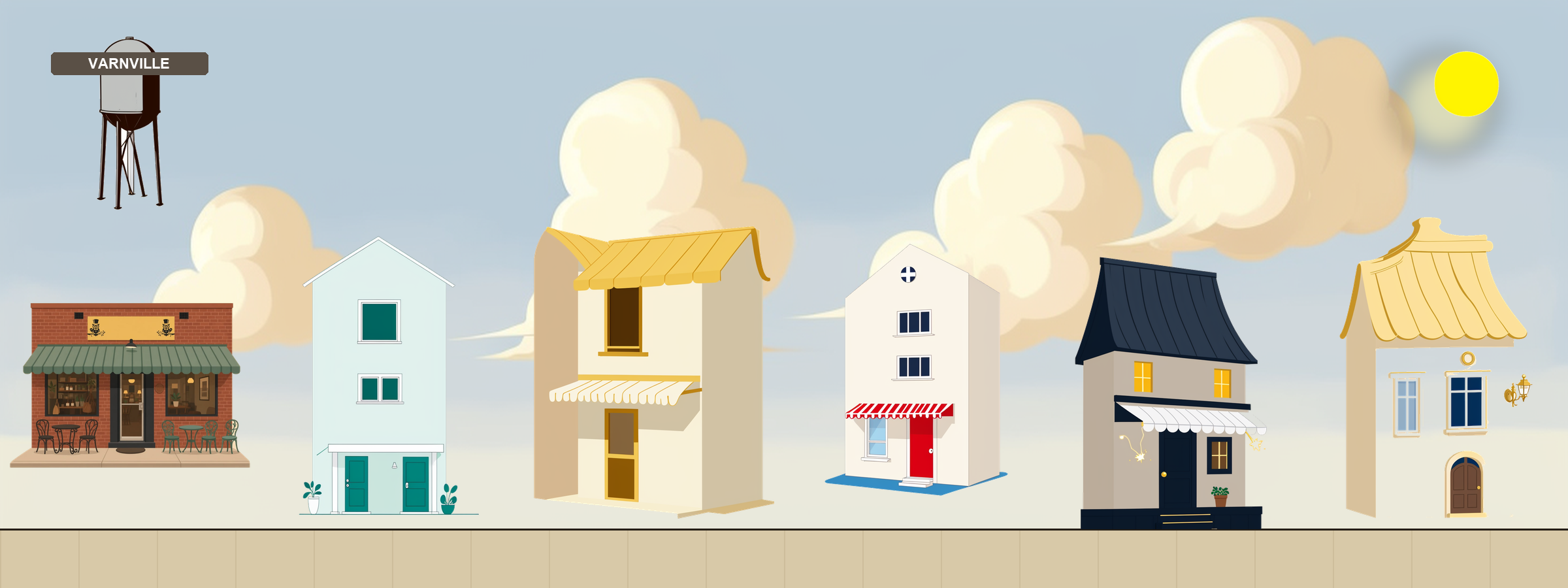 Illustrated Main Street of Varnville, South Carolina — each storefront links to a real business website